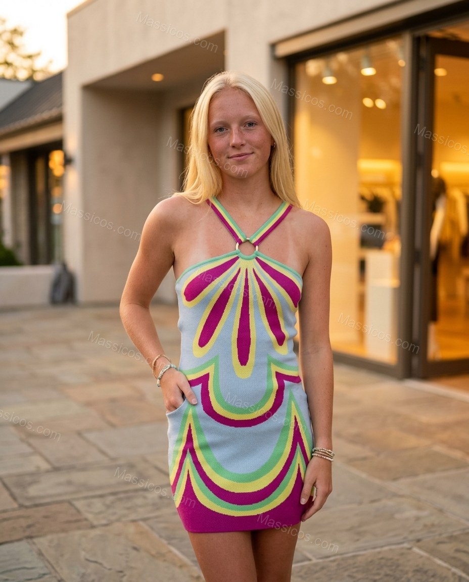 Light Blue Abstract Mini Halter Dress, three-quarter brand lifestyle view, by Massicos