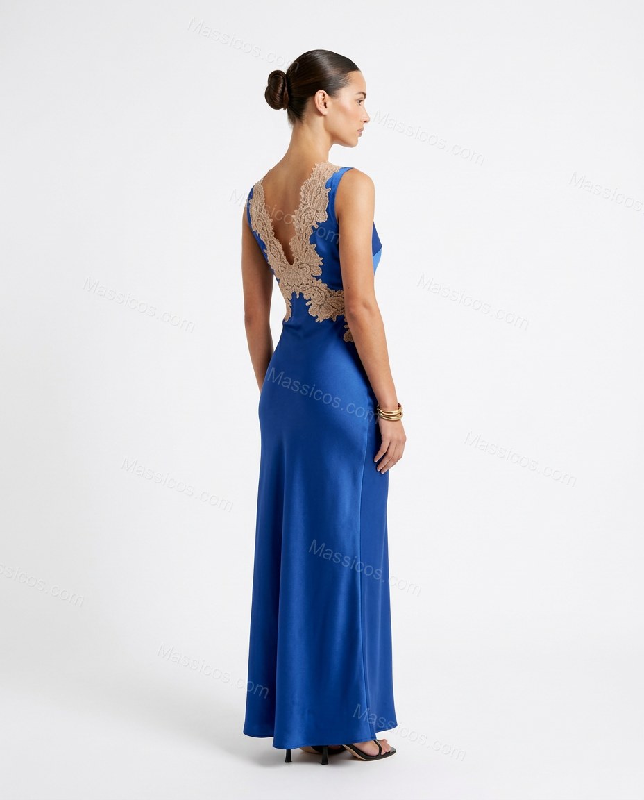 Beige Open-Back Satin Lace Two-Piece Set, back studio view showing lace detailing visible on back, by Massicos