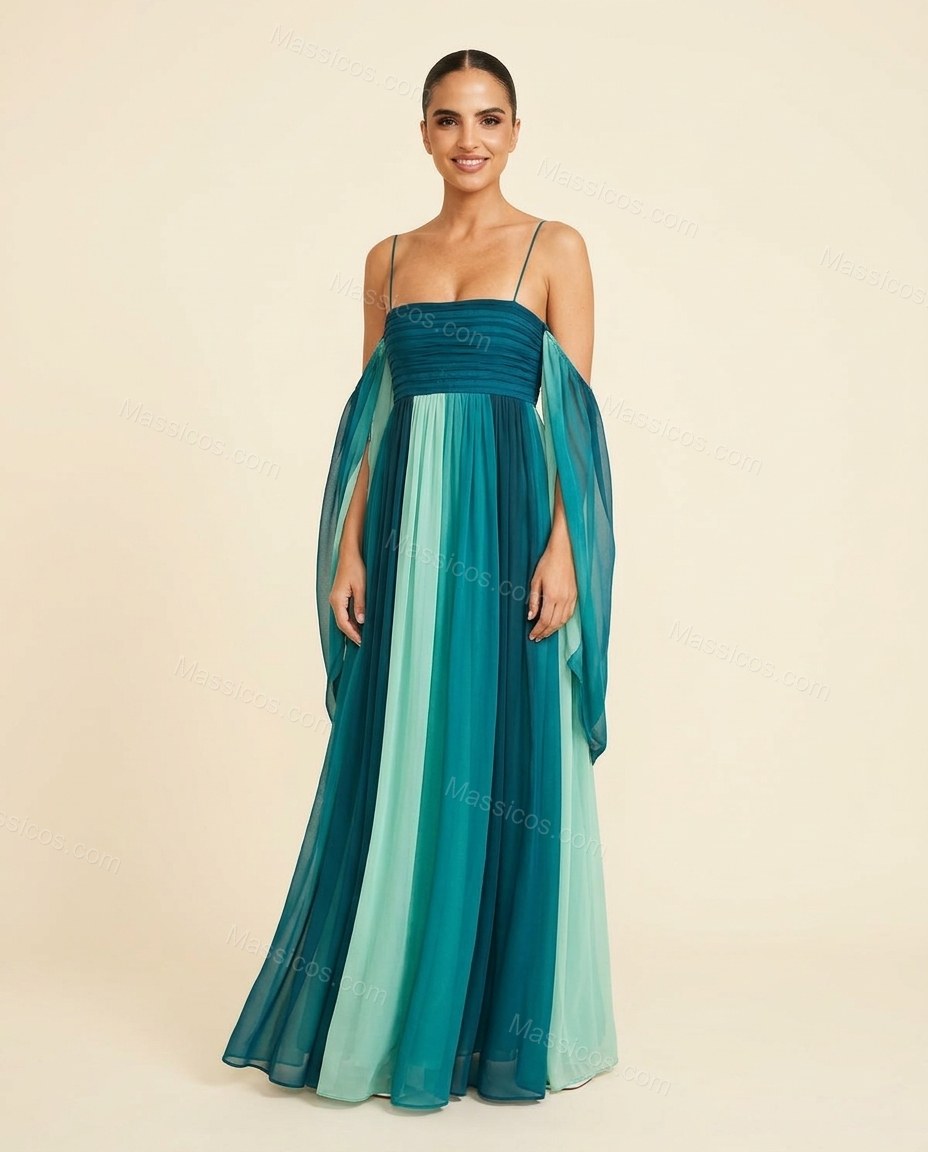 Teal Color-Block Maxi Strapless Dress, full-length hero view, by Massicos