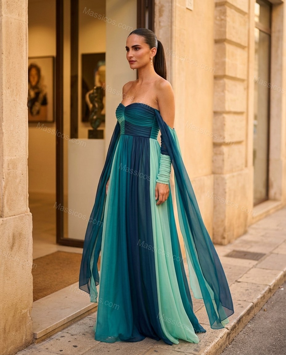 Teal Color-Block Maxi Strapless Dress, three-quarter brand lifestyle view, by Massicos