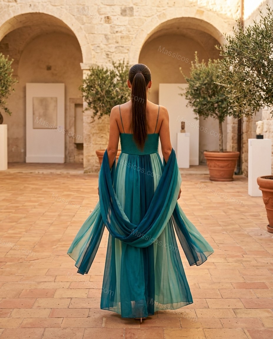 Teal Color-Block Maxi Strapless Dress, alternate use-case lifestyle view, by Massicos