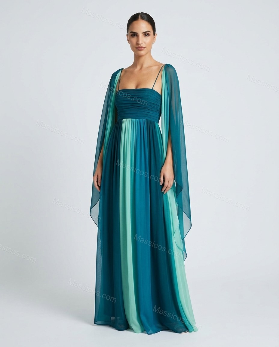 Teal Color-Block Maxi Strapless Dress, front studio view, by Massicos