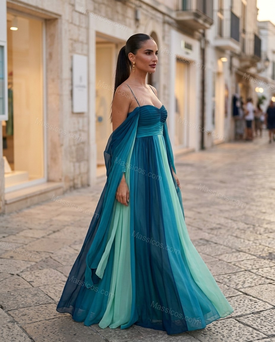 Teal Color-Block Maxi Strapless Dress, movement and fit lifestyle view, by Massicos