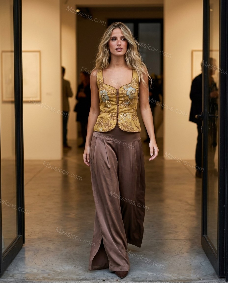 Gold Floral Embroidered Top & Pants Set, movement and fit lifestyle view, by Massicos
