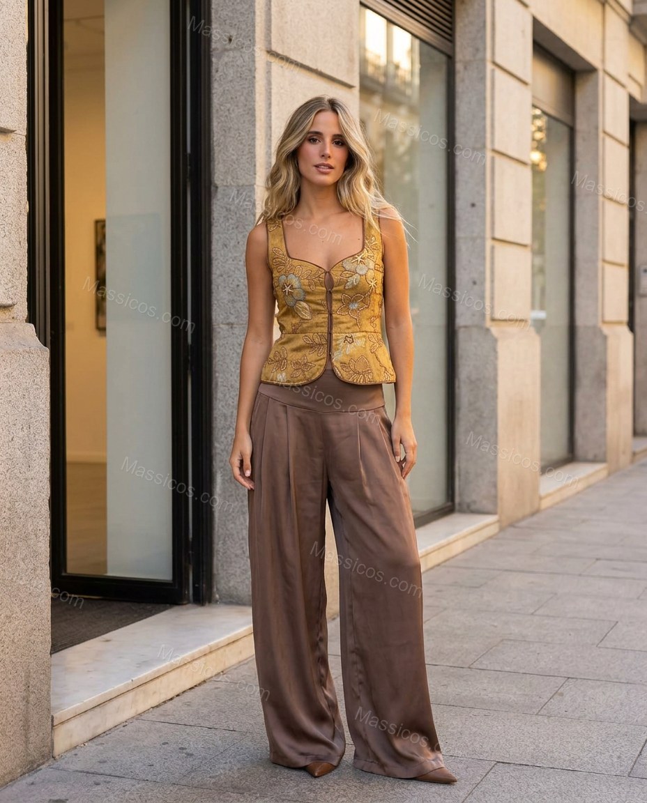 Gold Floral Embroidered Top & Pants Set, three-quarter brand lifestyle view, by Massicos