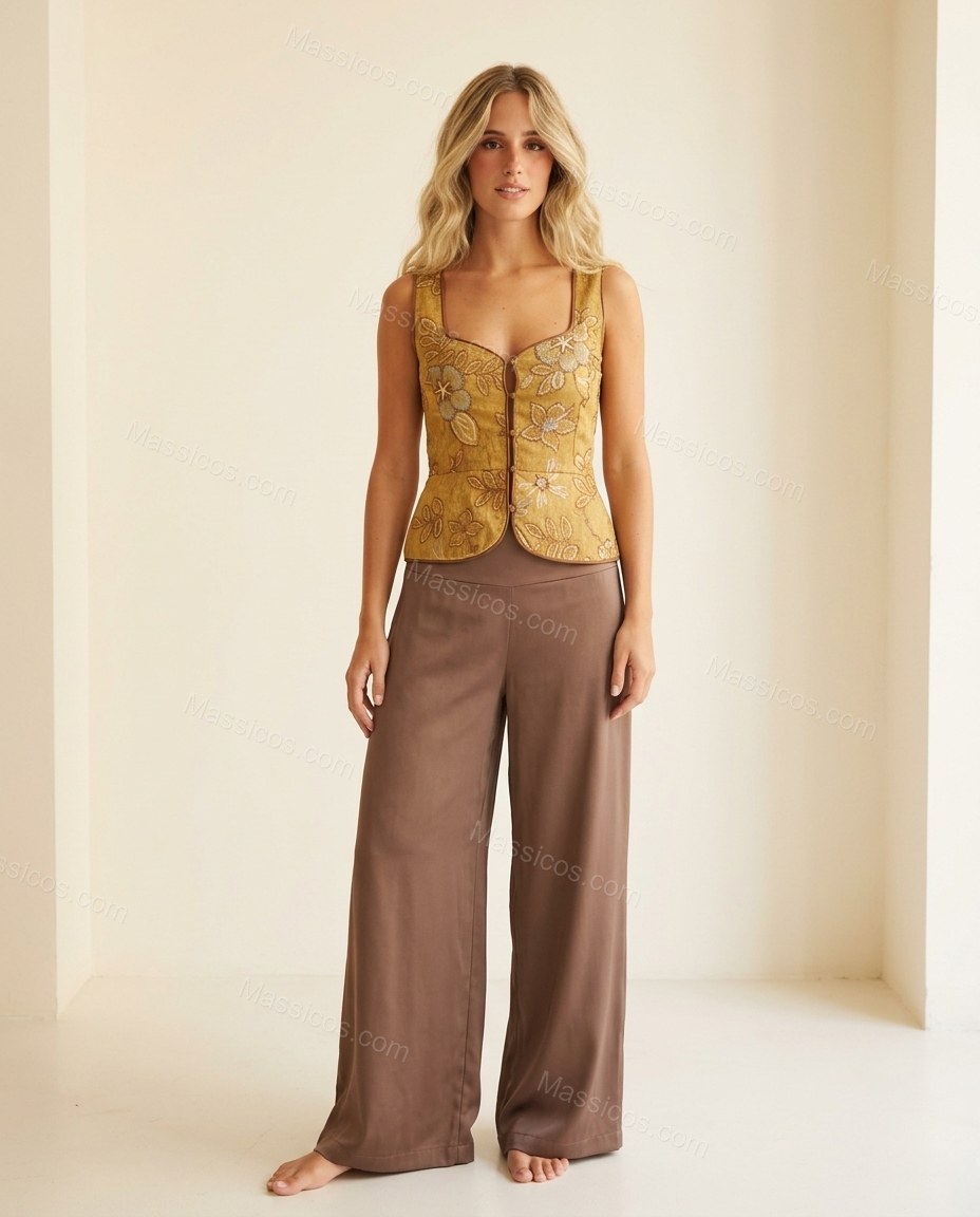 Gold Floral Embroidered Top & Pants Set, full-length hero view, by Massicos