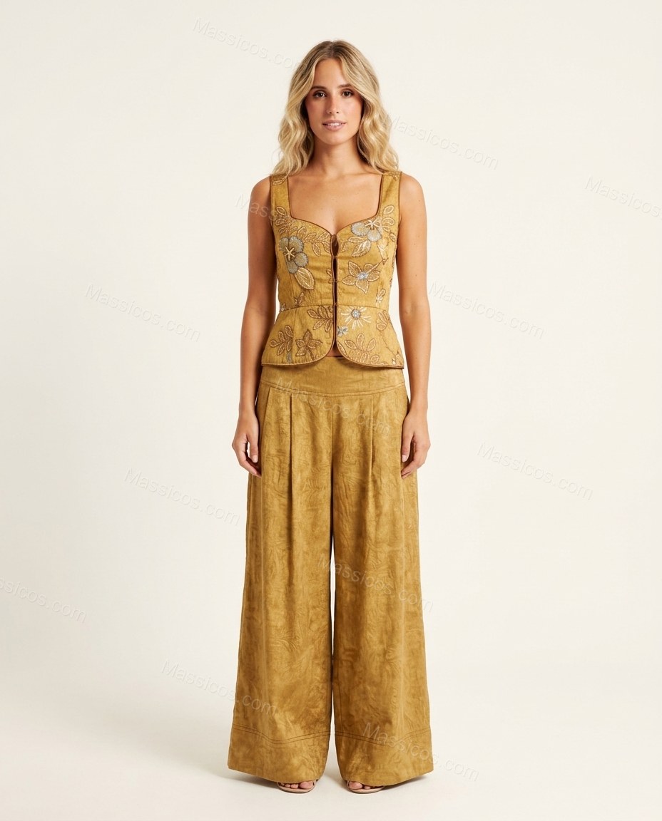 Gold Floral Embroidered Top & Pants Set, front studio view, by Massicos