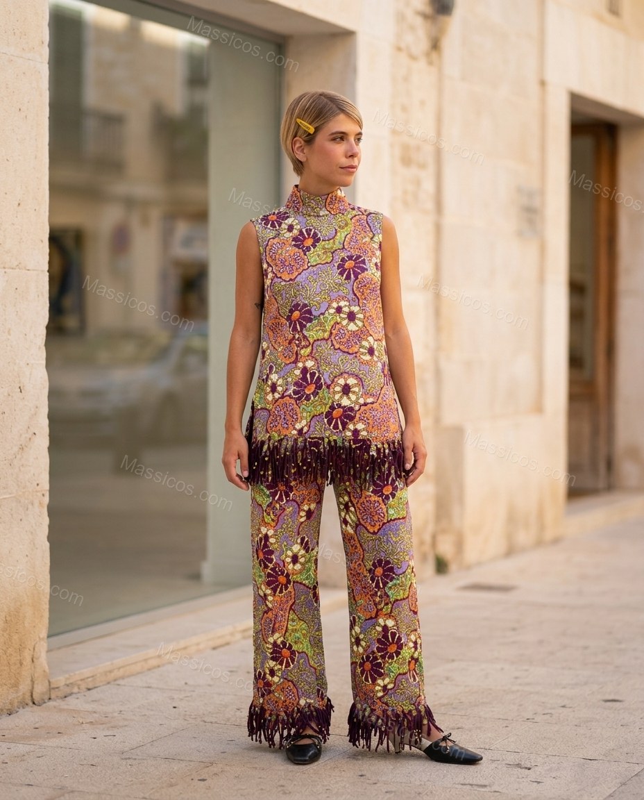 Purple Floral Fringe Top & Pants Set, three-quarter brand lifestyle view, by Massicos