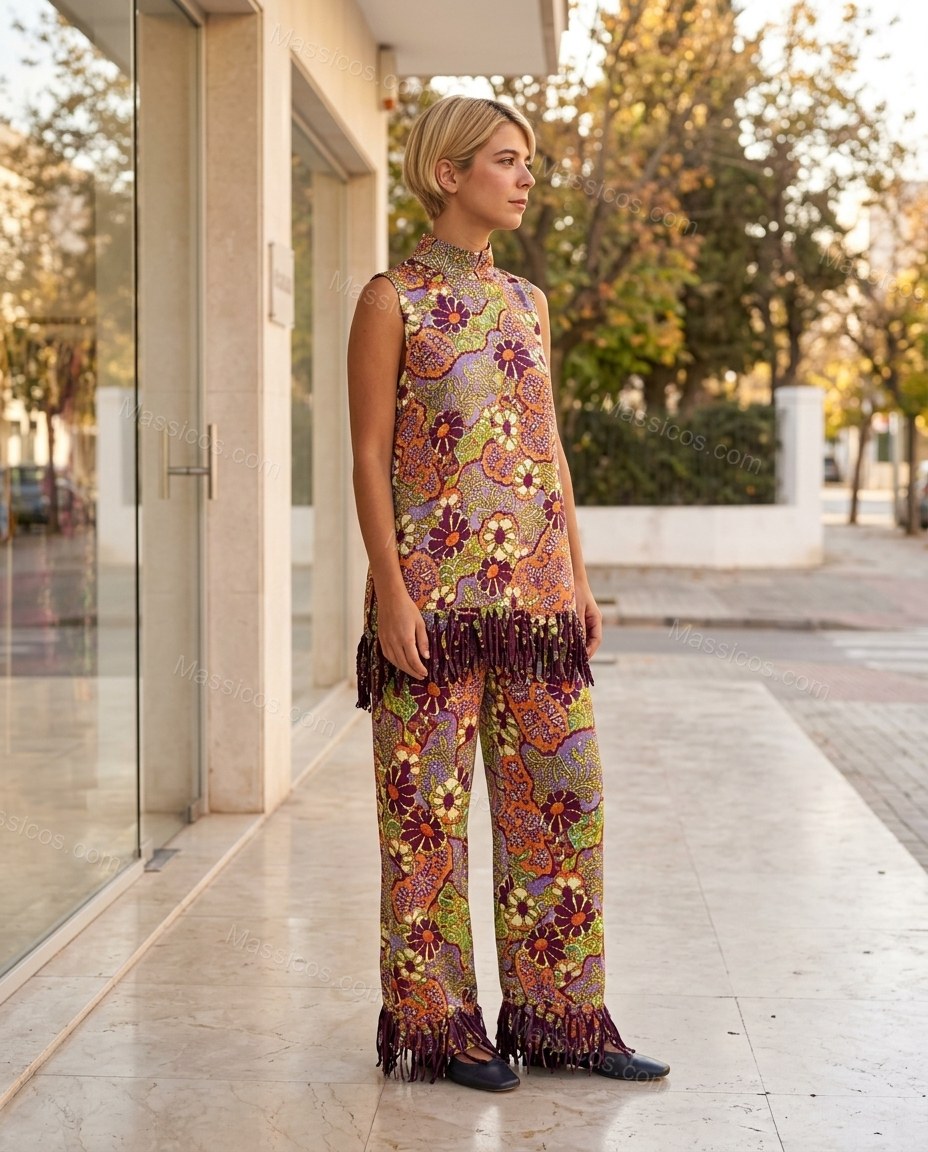 Purple Floral Fringe Top & Pants Set, movement and fit lifestyle view, by Massicos