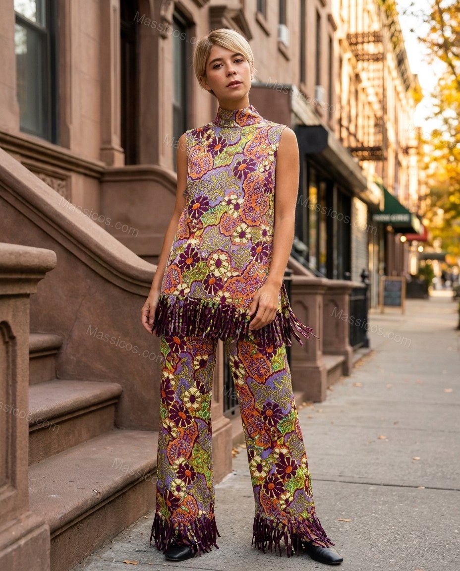 Purple Floral Fringe Top & Pants Set, alternate use-case lifestyle view, by Massicos