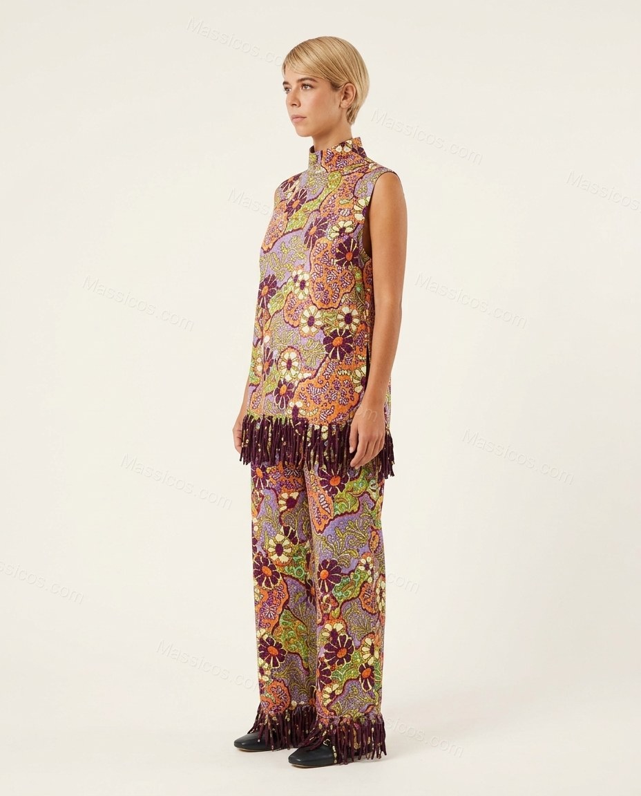 Purple Floral Fringe Top & Pants Set, side and back studio view, by Massicos