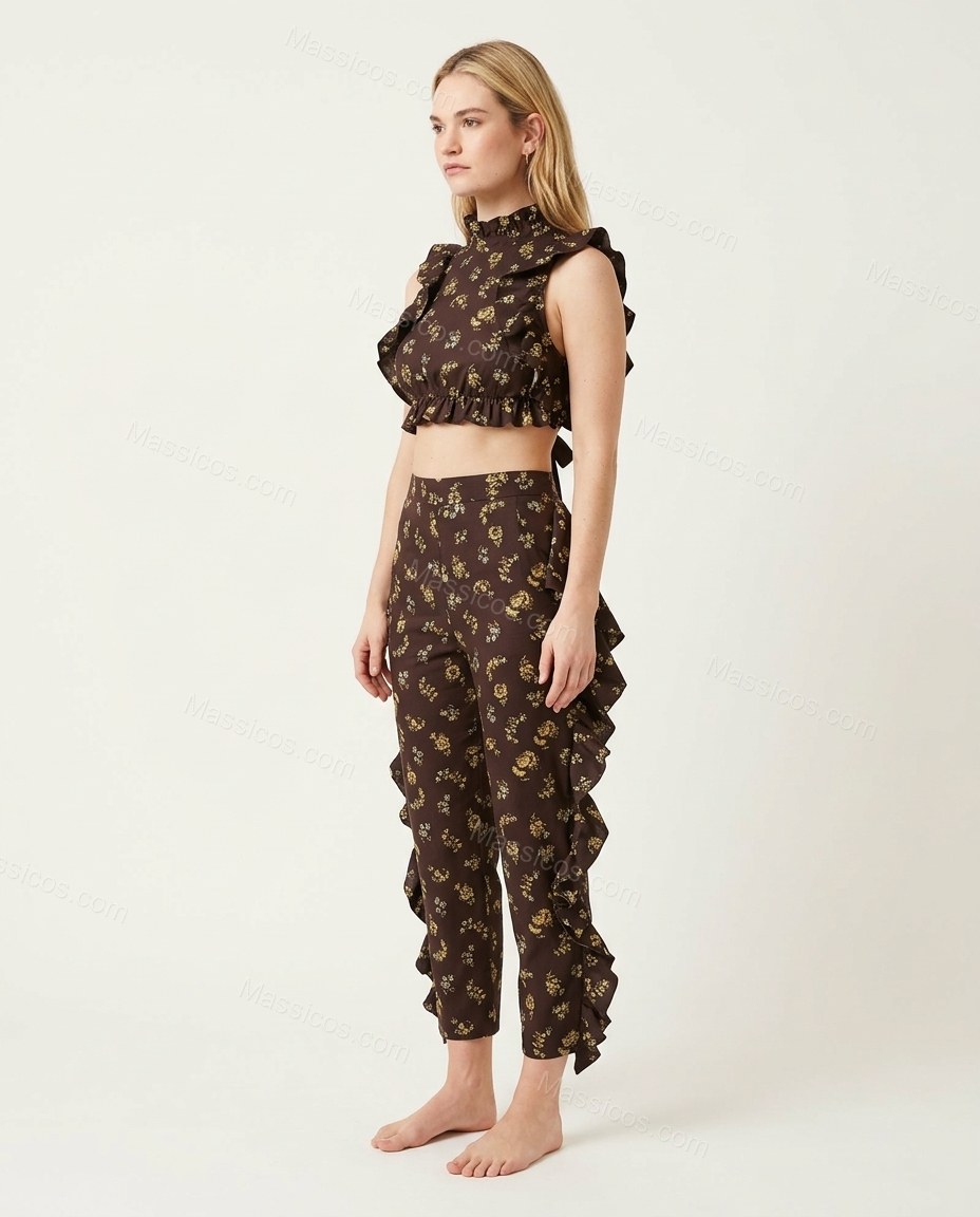 Dark Brown Floral Cropped Open-Back Dress, side and back studio view showing open back with ties visible, by Massicos