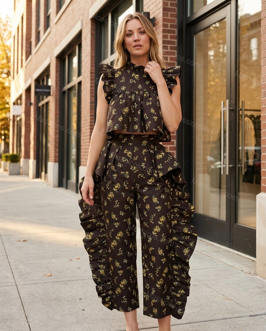 Dark Brown Floral Cropped Open-Back Dress, three-quarter brand lifestyle view, by Massicos