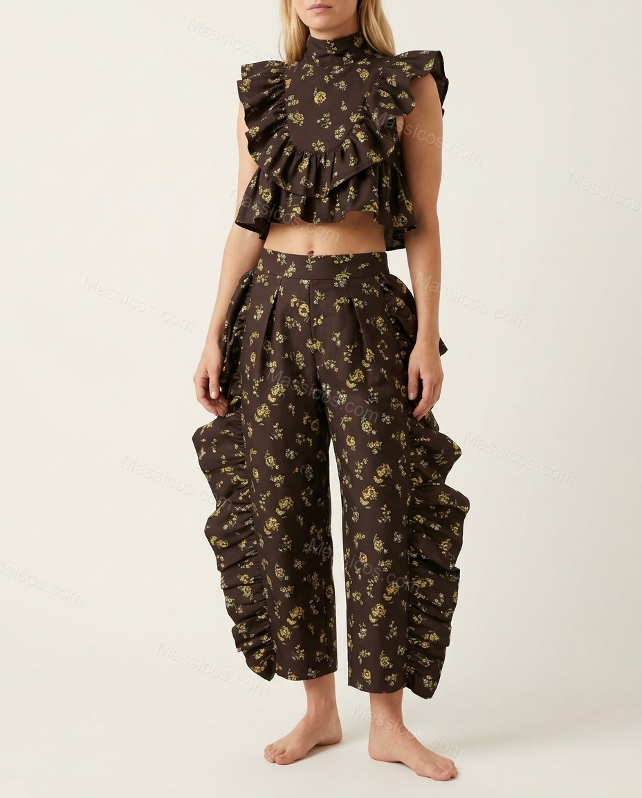 Dark Brown Floral Cropped Open-Back Dress, front studio view, by Massicos