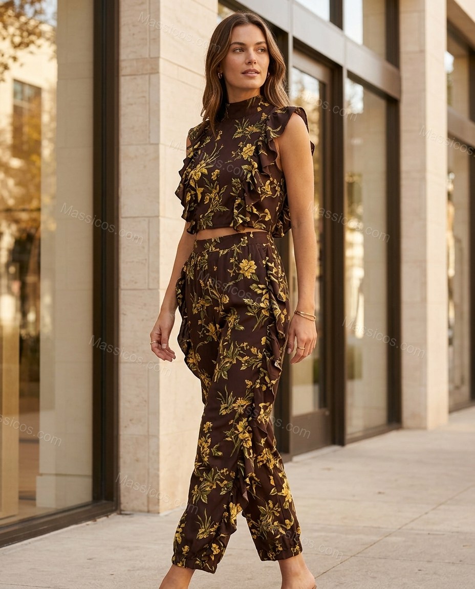 Dark Brown Floral Cropped Open-Back Dress, alternate use-case lifestyle view, by Massicos
