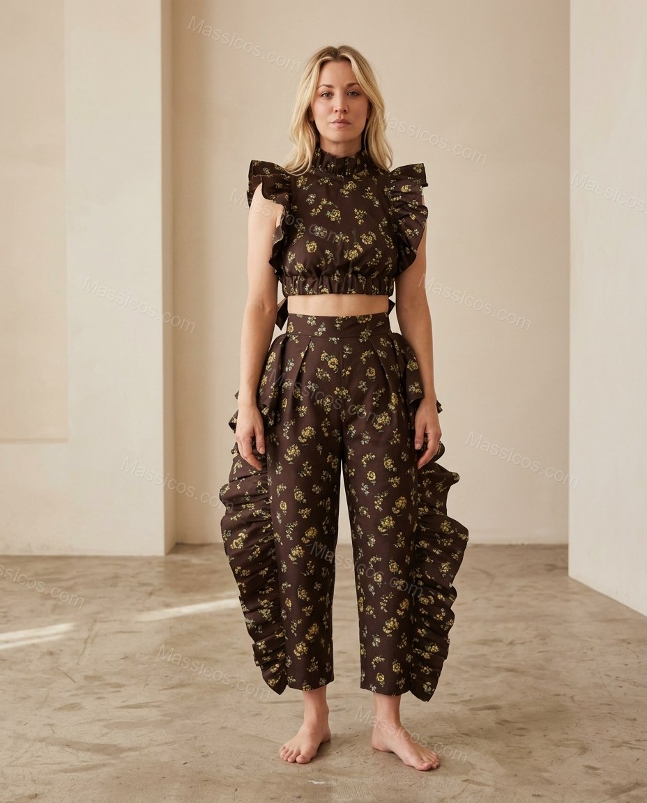 Dark Brown Floral Cropped Open-Back Dress, full-length hero view, by Massicos