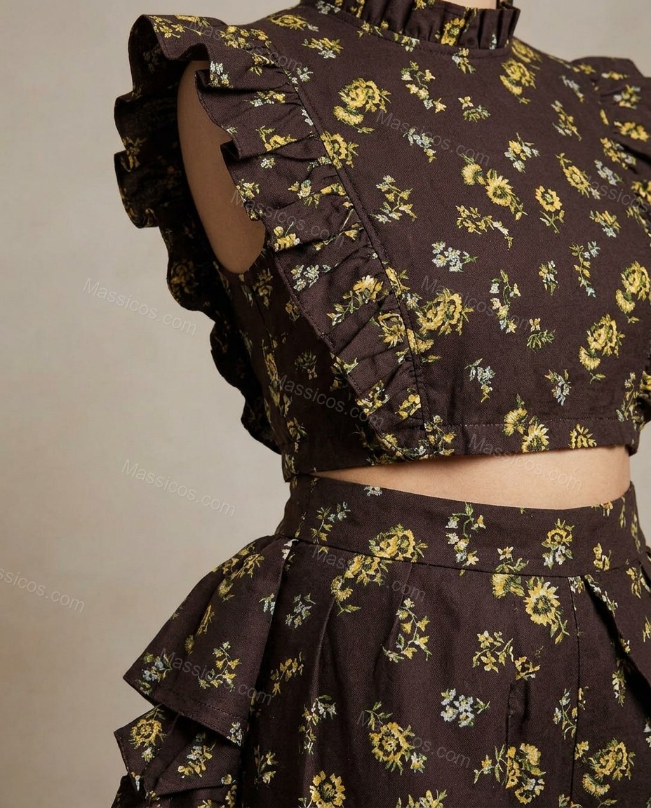 Dark Brown Floral Cropped Open-Back Dress, close-up of floral, by Massicos