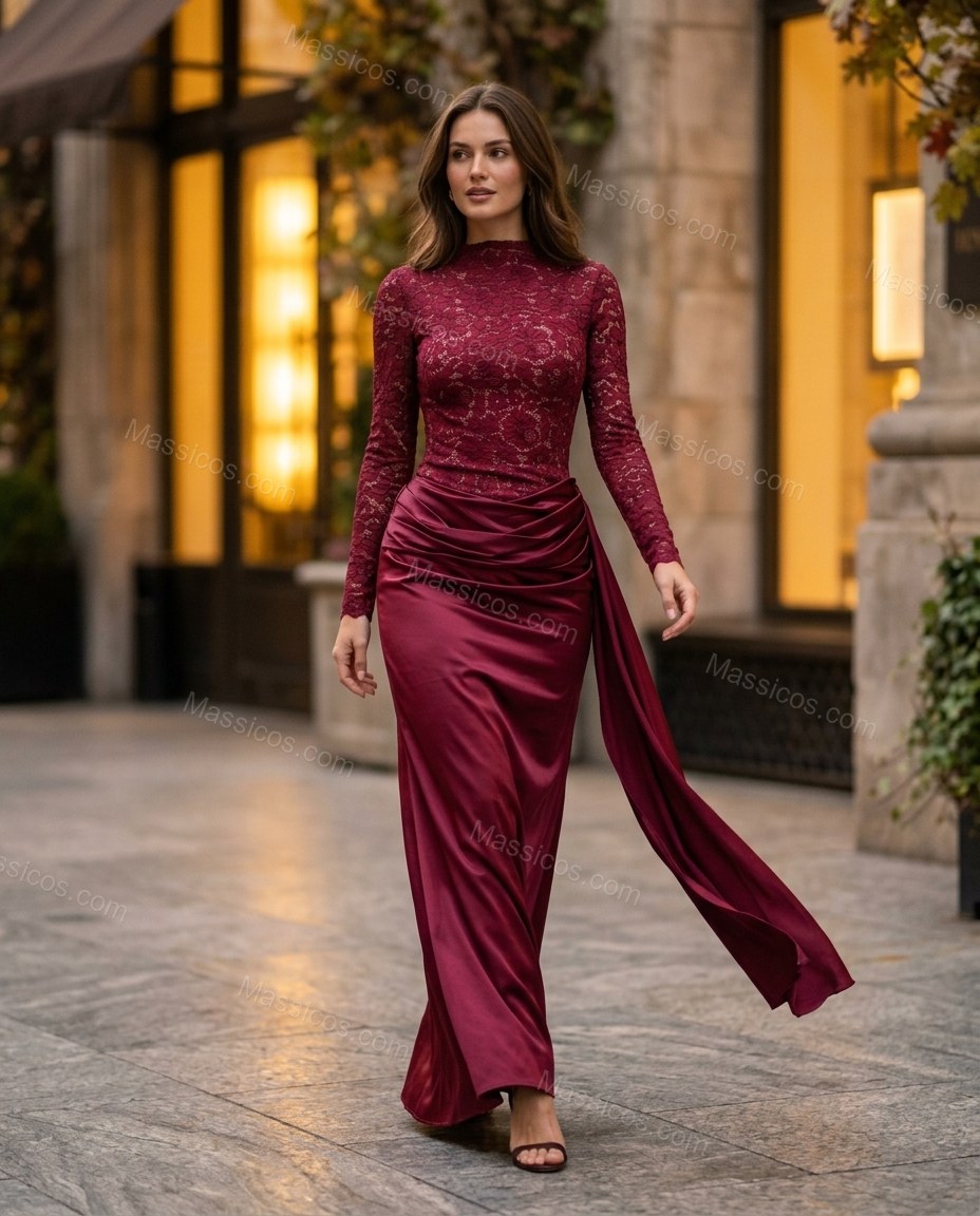 Burgundy Floral Maxi Satin Dress, movement and fit lifestyle view, by Massicos