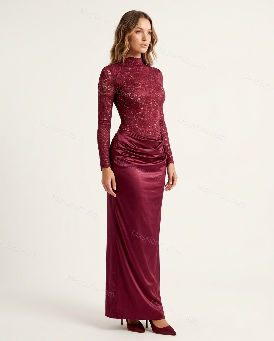 Burgundy Floral Maxi Satin Dress, side and back studio view showing draped satin with smooth finish, by Massicos