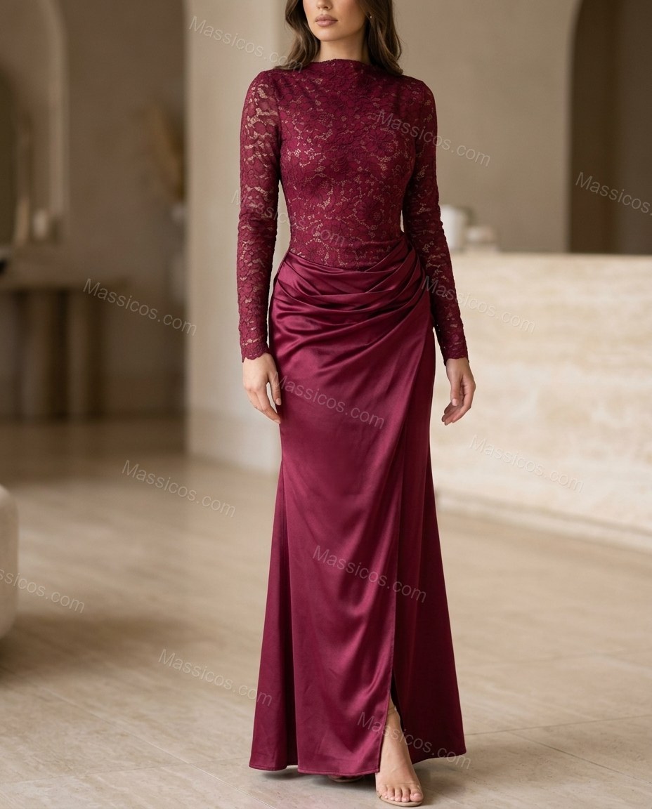 Burgundy Floral Maxi Satin Dress, full-length hero view, by Massicos