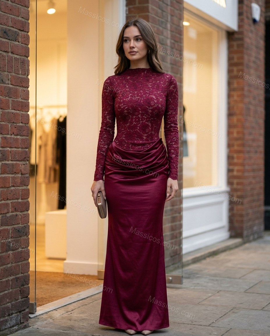 Burgundy Floral Maxi Satin Dress, three-quarter brand lifestyle view, by Massicos
