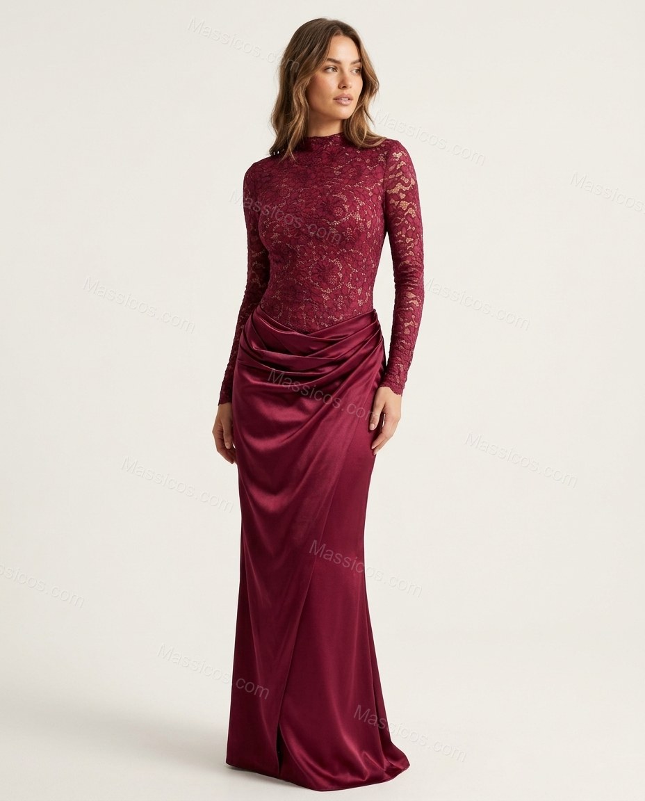 Burgundy Floral Maxi Satin Dress, front studio view, by Massicos