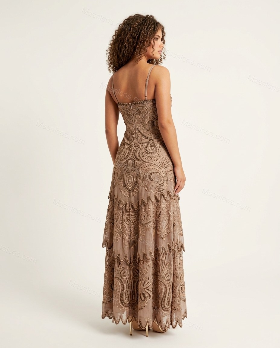 Taupe Maxi Embroidered Ruffled Dress, back studio view showing unclear from available images, by Massicos