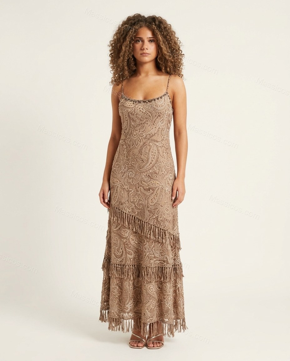 Taupe Maxi Embroidered Ruffled Dress, front studio view, by Massicos