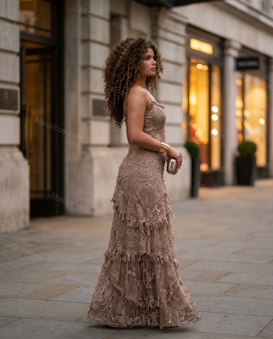 Taupe Maxi Embroidered Ruffled Dress, walking lifestyle view, by Massicos