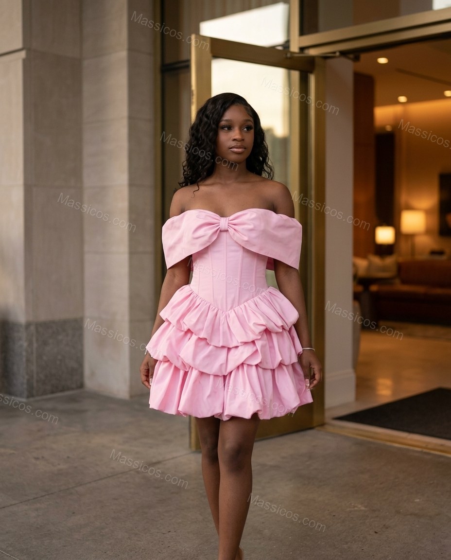 Pink Mini Off-Shoulder Ruffled Dress, alternate use-case lifestyle view, by Massicos