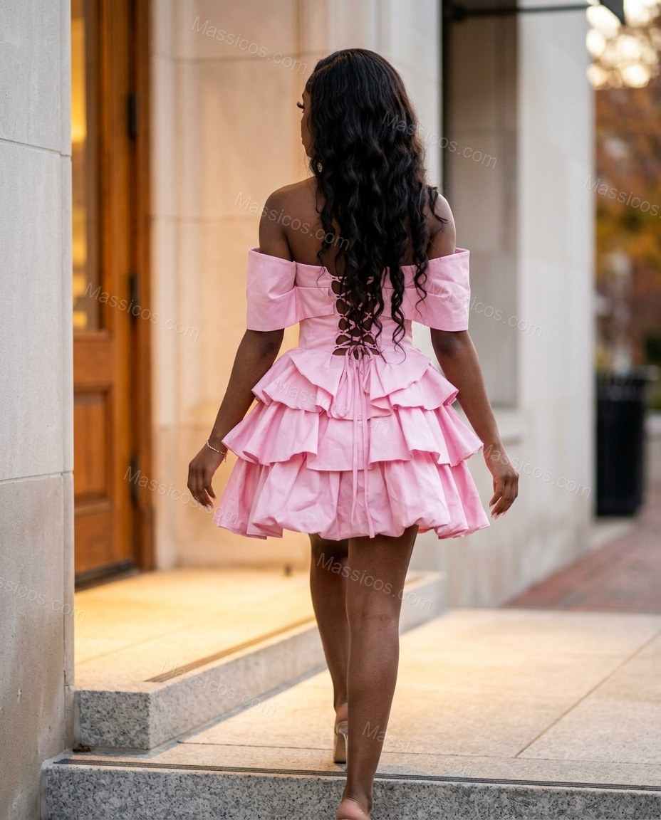 Pink Mini Off-Shoulder Ruffled Dress, walking lifestyle view, by Massicos