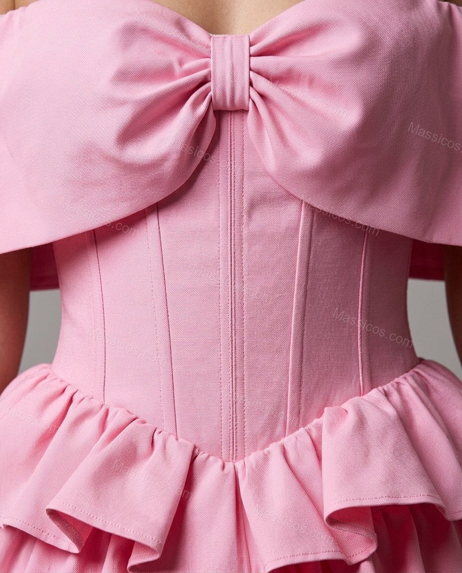 Pink Mini Off-Shoulder Ruffled Dress, close-up of off-the-shoulder neckline, large decorative bow on bust and corset-style boning on bodice, by Massicos