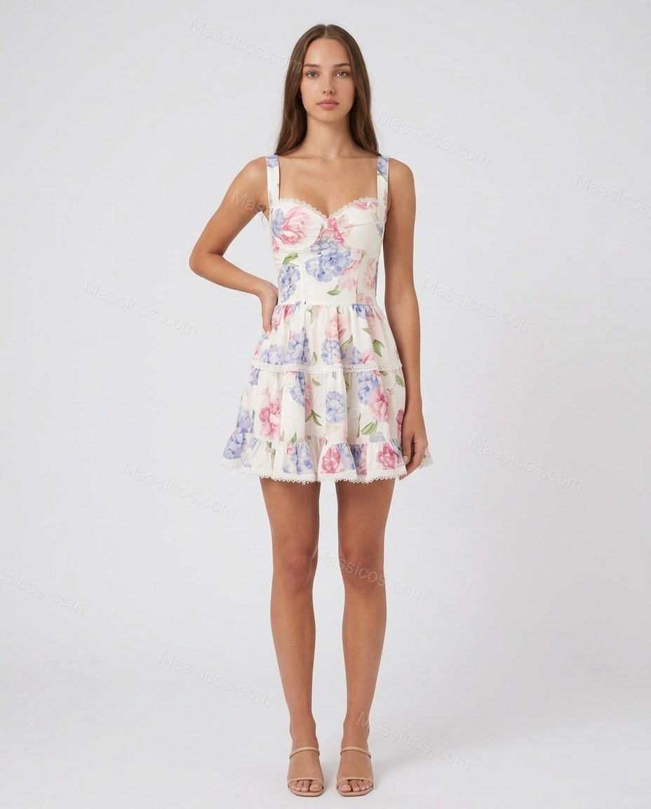 White Floral Mini Ruffled Dress, front studio view, by Massicos
