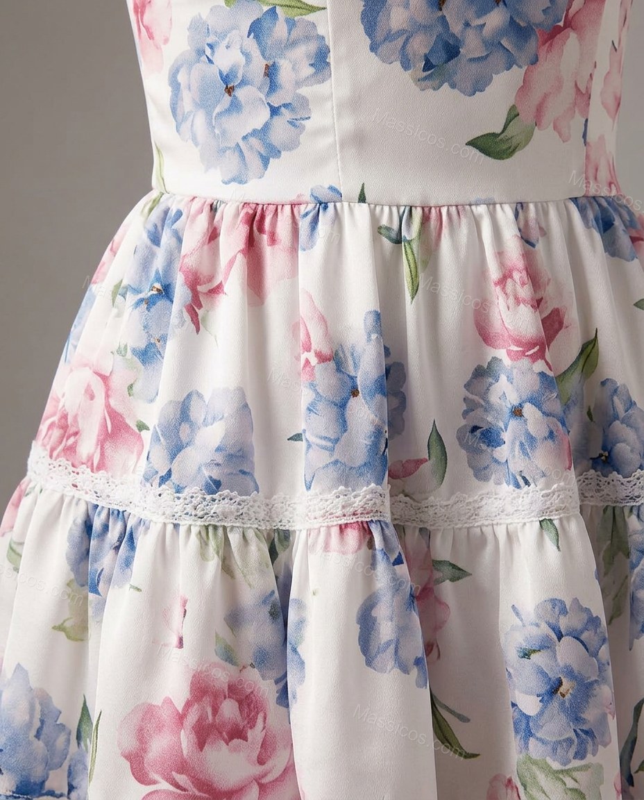 White Floral Mini Ruffled Dress, close-up of floral, by Massicos