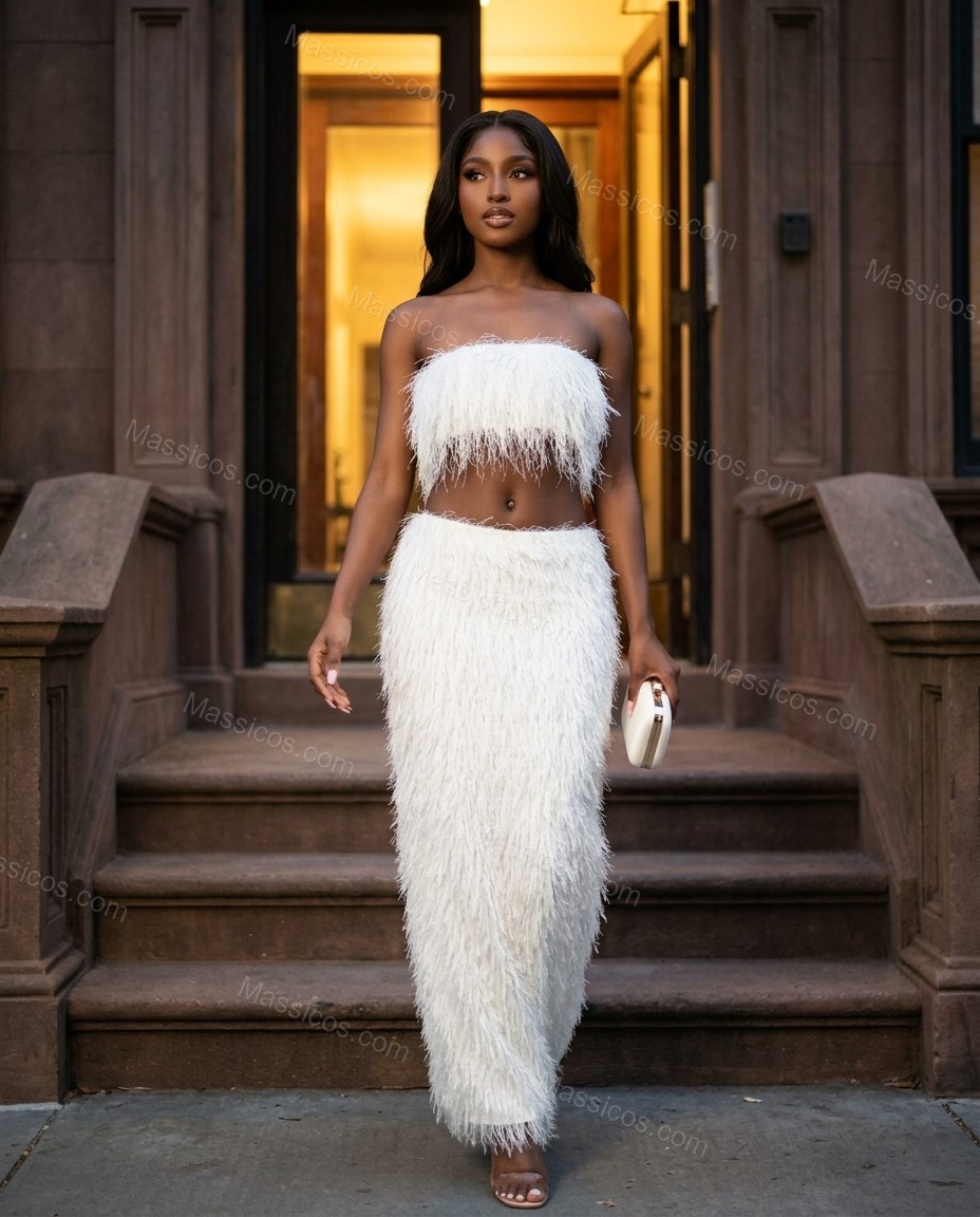 White Maxi Strapless Feather-Trim Top & Skirt Set, walking lifestyle view, by Massicos