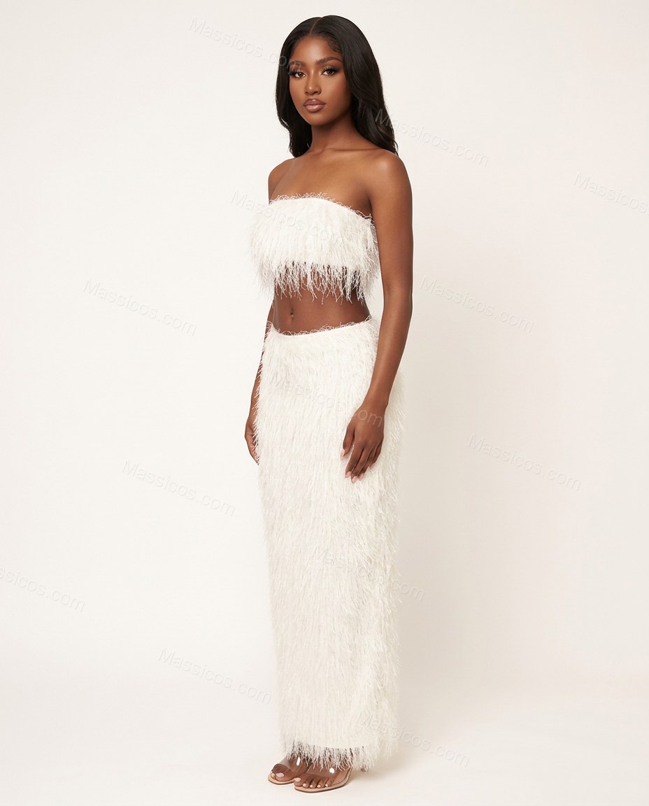 White Maxi Strapless Feather-Trim Top & Skirt Set, side and back studio view, by Massicos