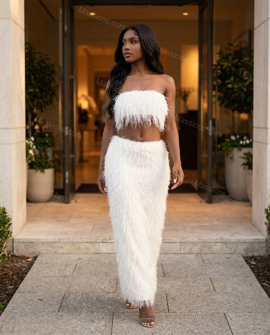 White Maxi Strapless Feather-Trim Top & Skirt Set, movement and fit lifestyle view, by Massicos