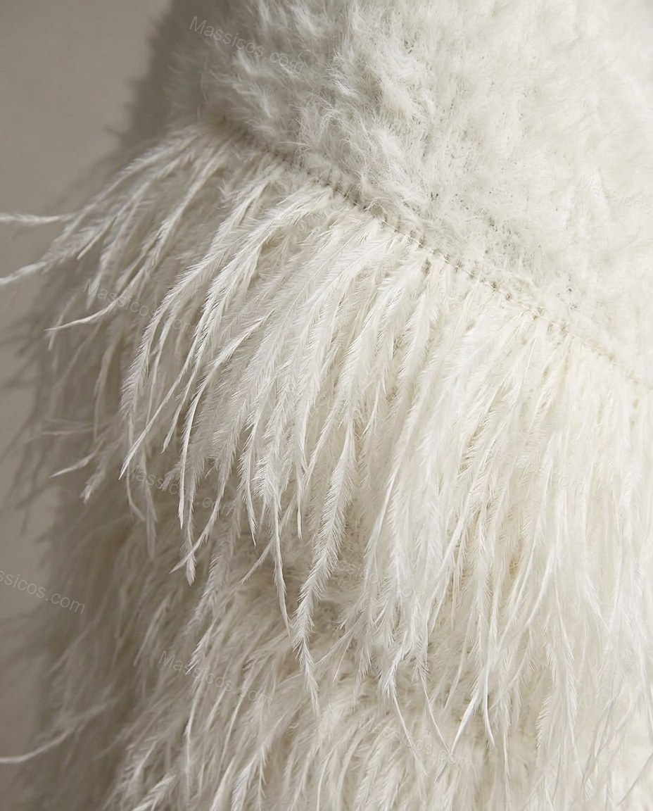 White Maxi Strapless Feather-Trim Top & Skirt Set, close-up of two-piece set, strapless crop top and maxi skirt, by Massicos