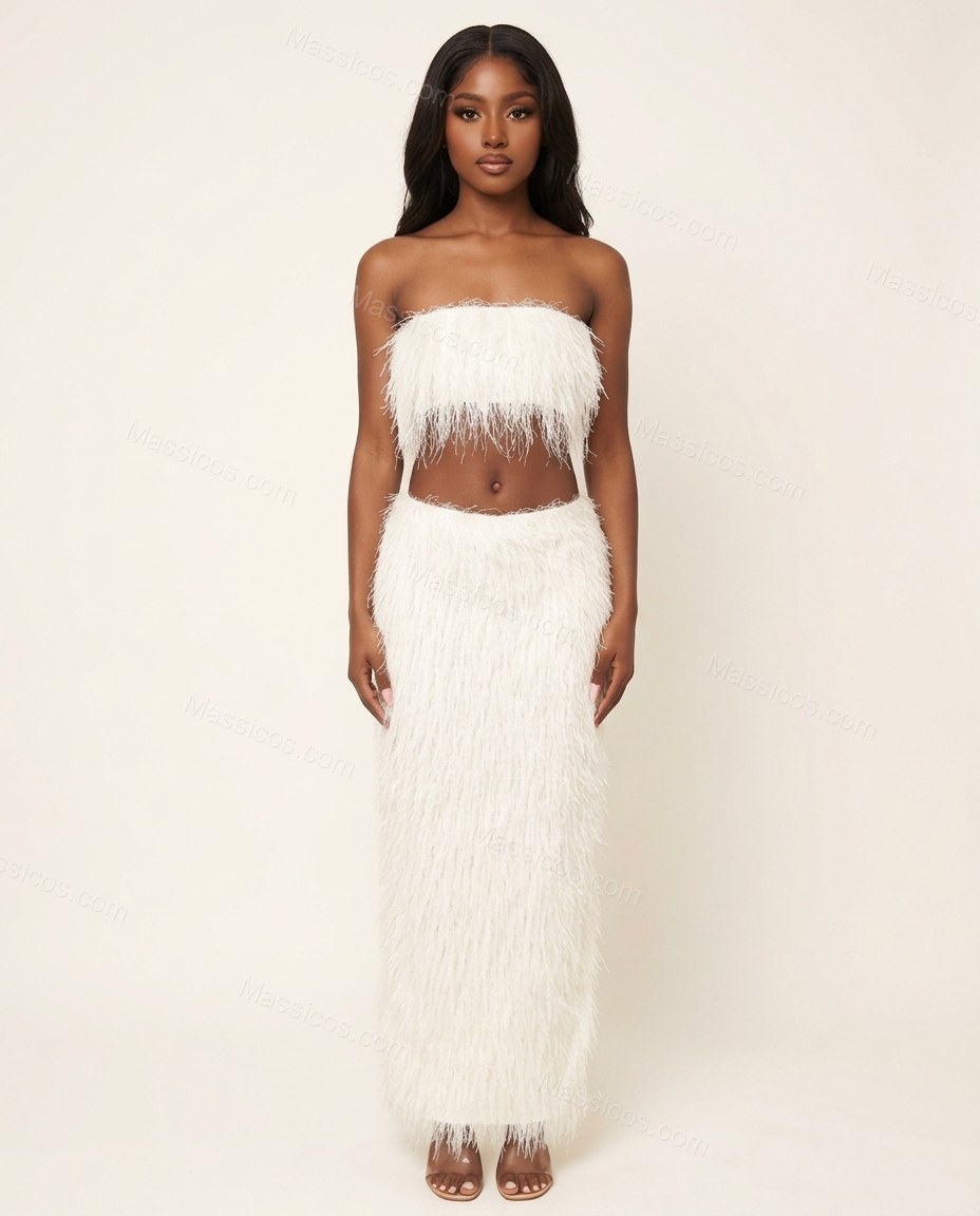 White Maxi Strapless Feather-Trim Top & Skirt Set, front studio view, by Massicos