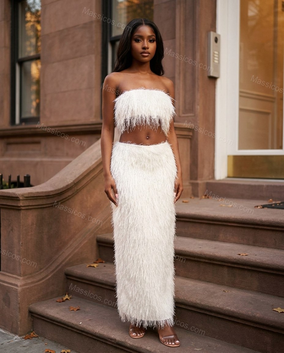 White Maxi Strapless Feather-Trim Top & Skirt Set, three-quarter brand lifestyle view, by Massicos
