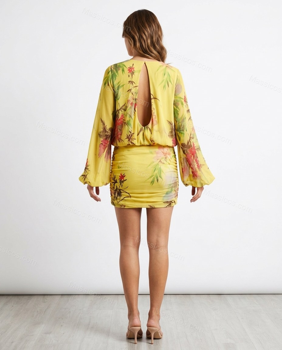 Yellow Floral Mini Skirt Set, back studio view, by Massicos
