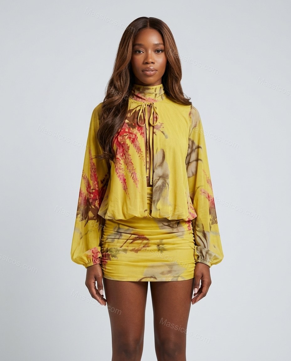 Yellow Floral Mini Skirt Set, front studio view, by Massicos