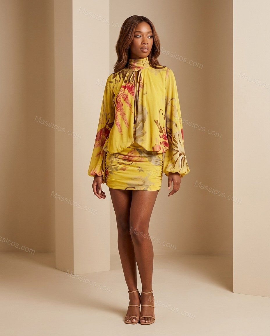 Yellow Floral Mini Skirt Set, full-length hero view, by Massicos