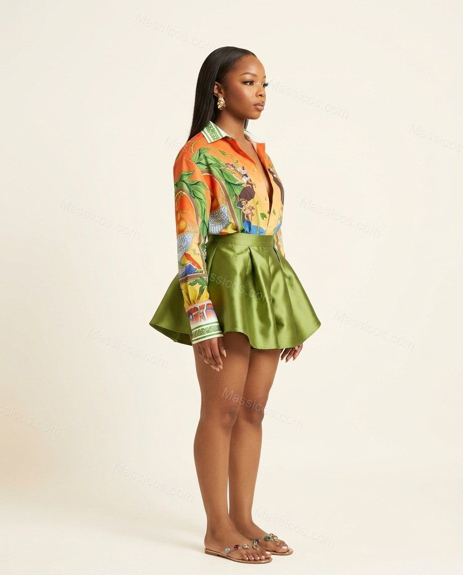 Orange Pleated Shirt & Shorts Set, side and back studio view, by Massicos