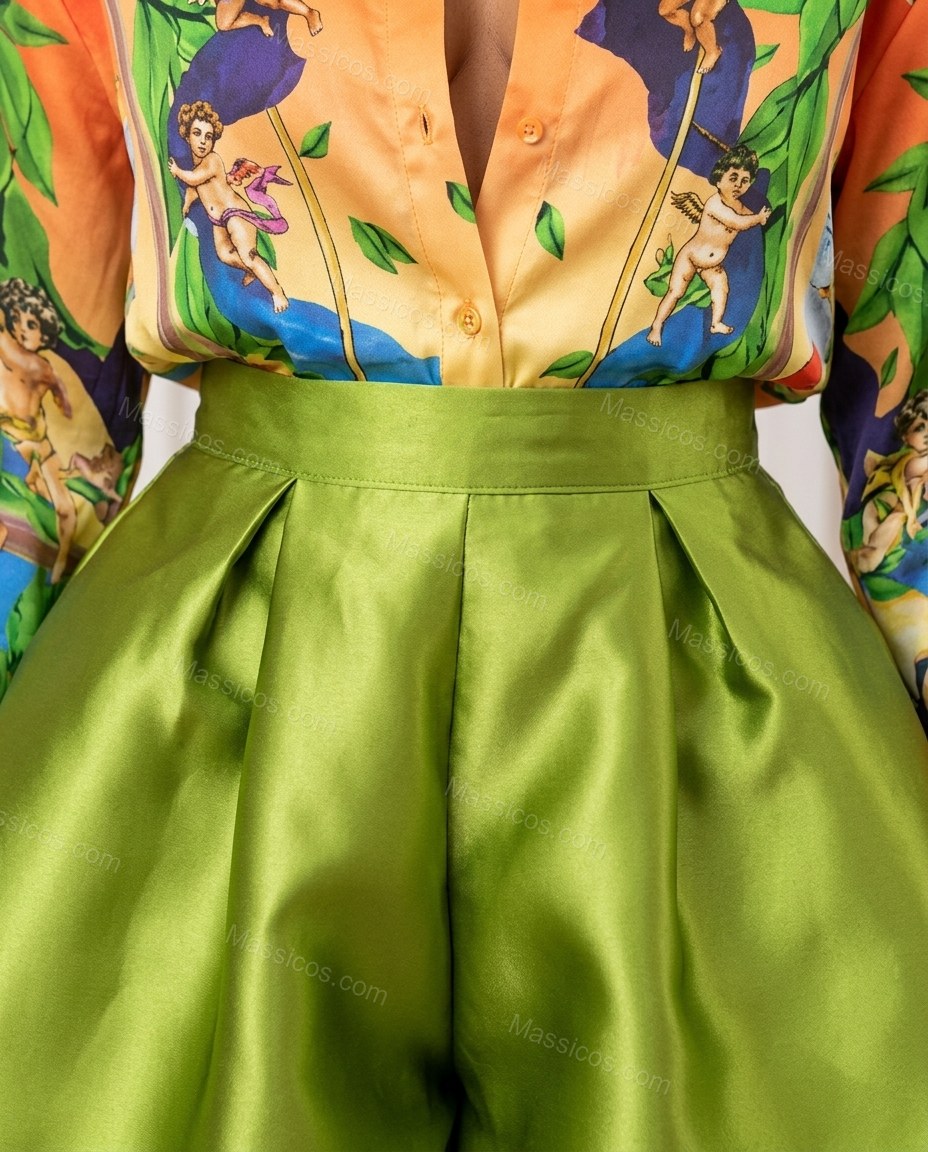 Orange Pleated Shirt & Shorts Set, close-up of yellow and blue accents, point collar and button-front closure, by Massicos