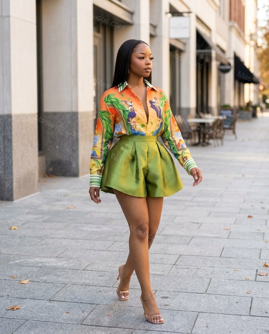 Orange Pleated Shirt & Shorts Set, movement and fit lifestyle view, by Massicos