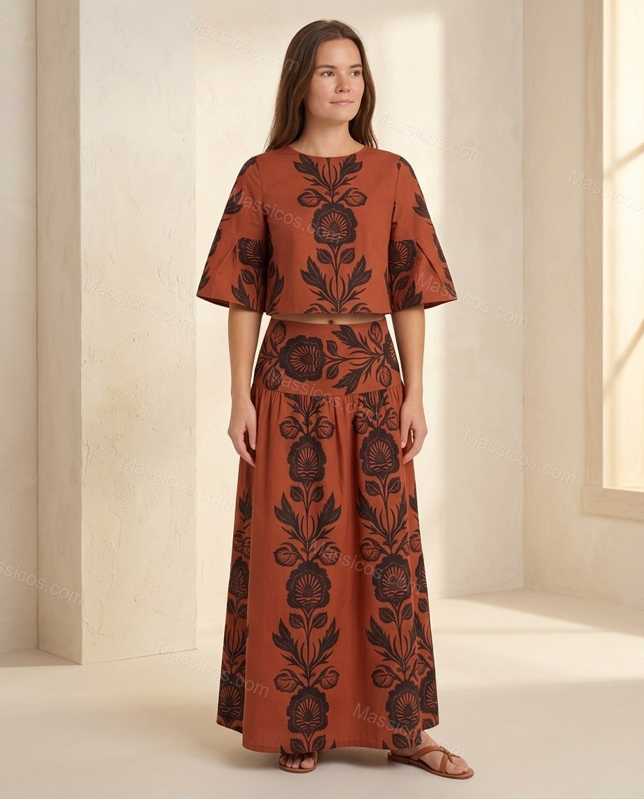 Rust Floral Maxi Tiered Skirt Set, full-length hero view, by Massicos