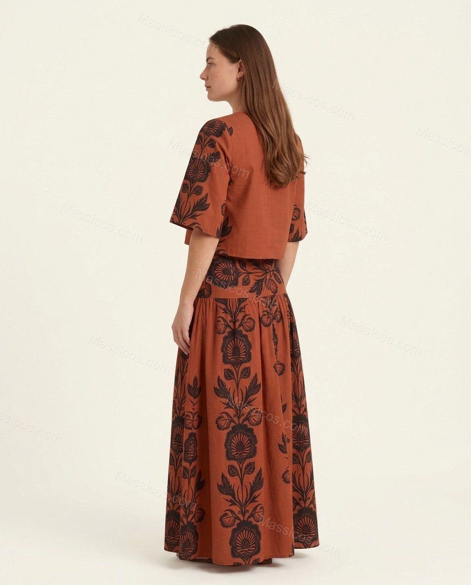 Rust Floral Maxi Tiered Skirt Set, back studio view, by Massicos