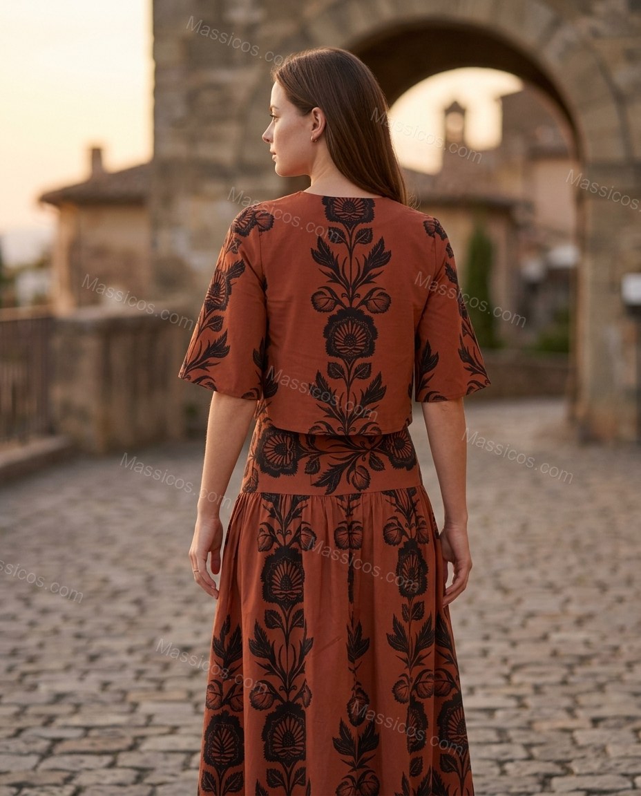 Rust Floral Maxi Tiered Skirt Set, alternate use-case lifestyle view, by Massicos