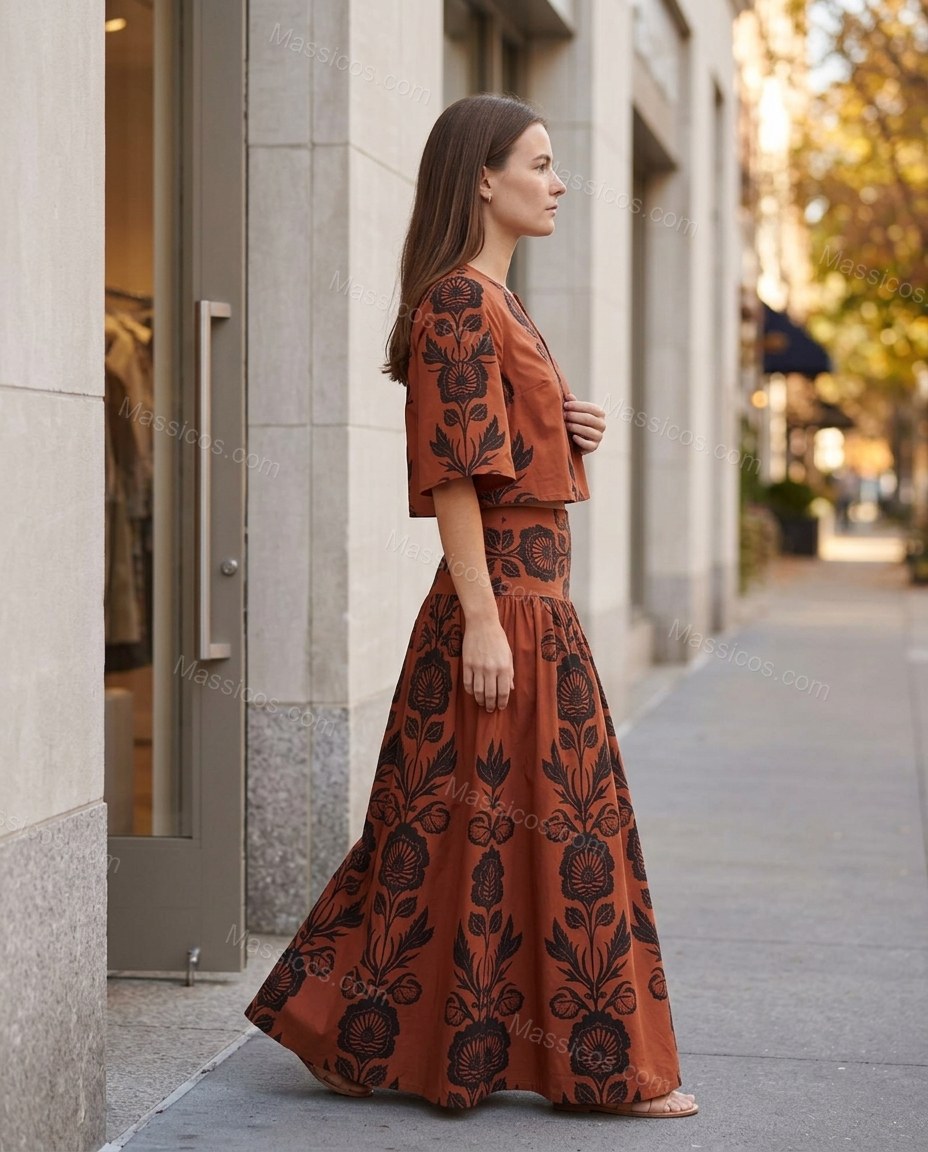 Rust Floral Maxi Tiered Skirt Set, movement and fit lifestyle view, by Massicos
